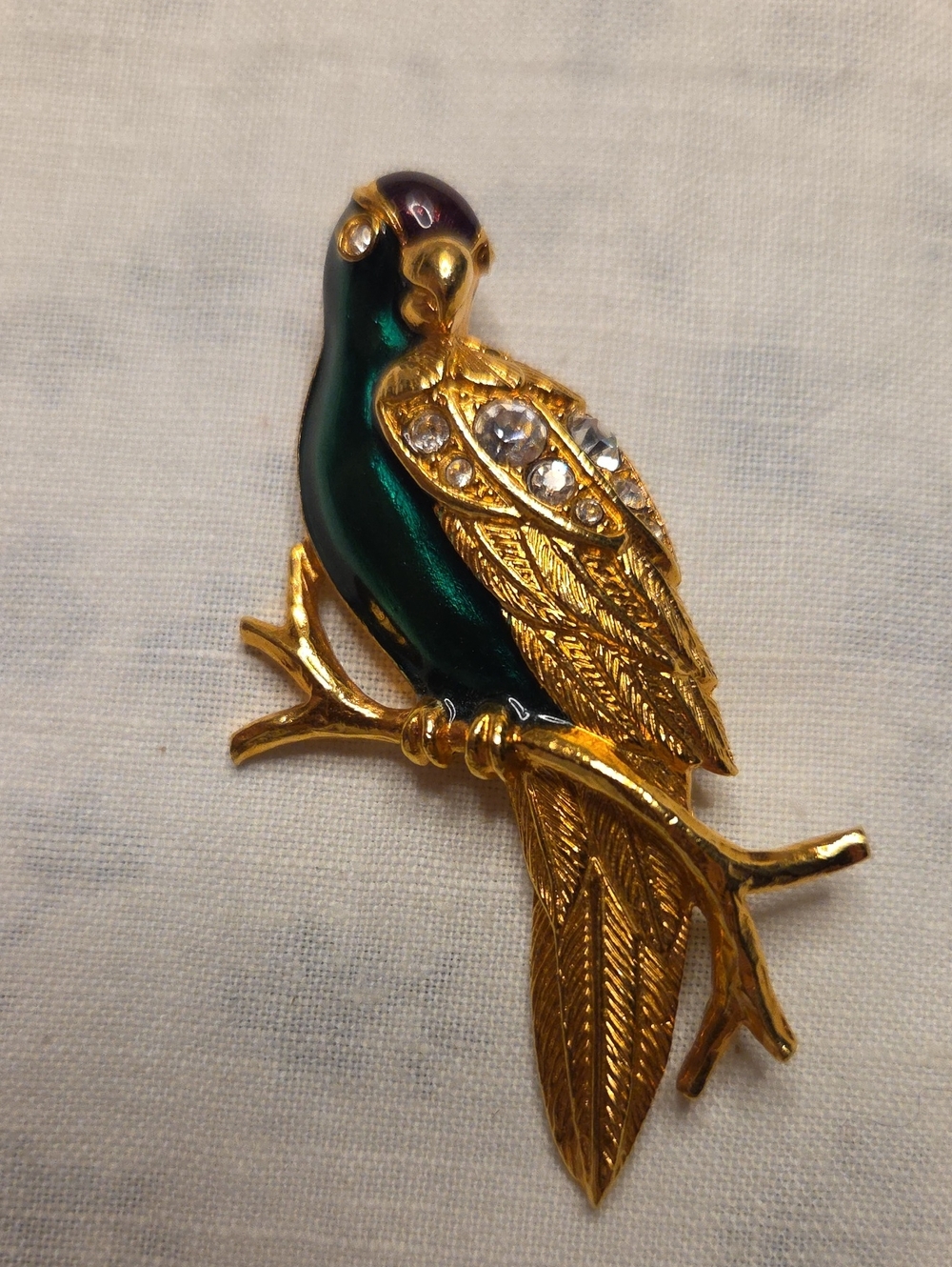 AVON Gold and Emerald "Tropical Parrot" Brooch with Clear Crystals